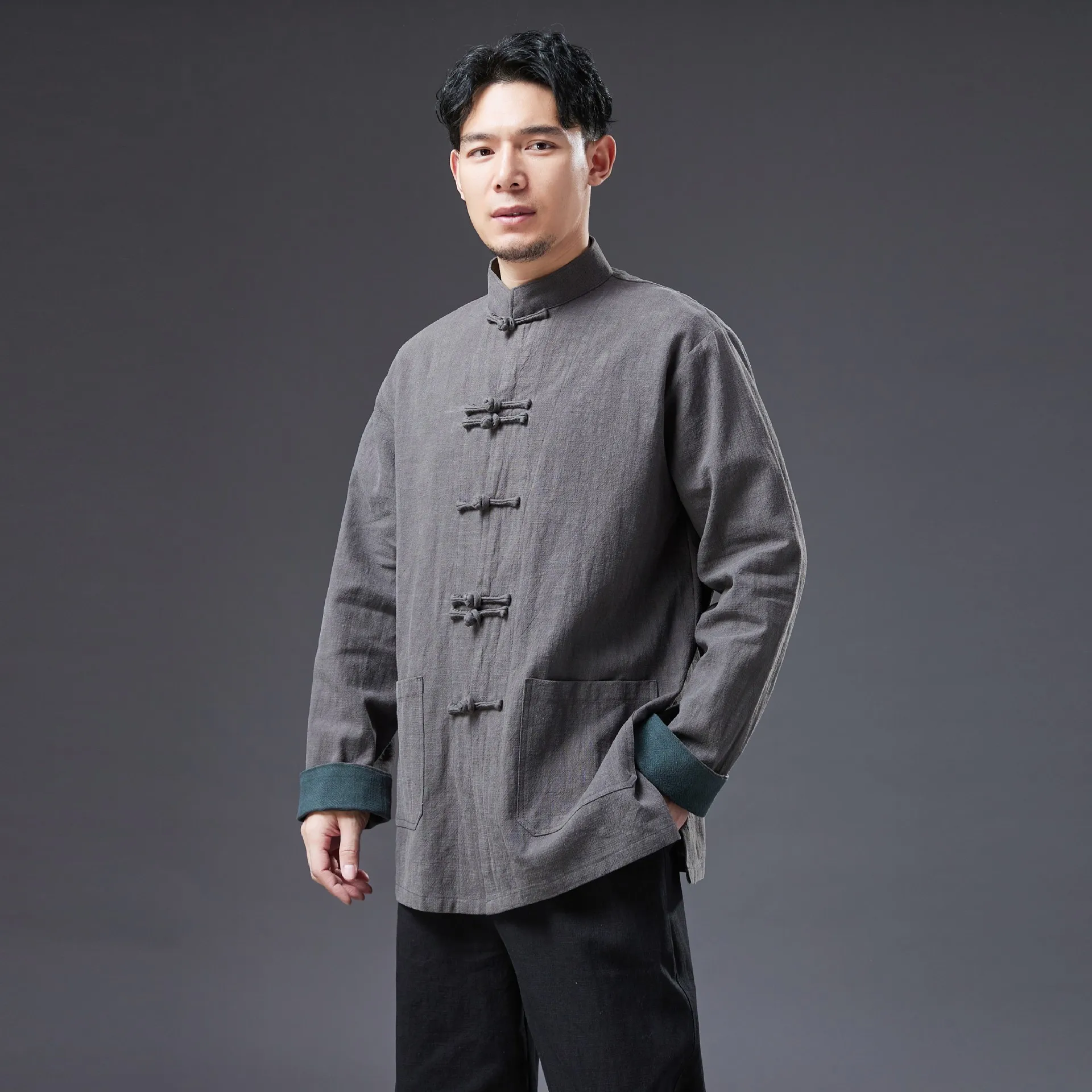 

Chinese Style Men's Front Shirt Loose Casual Stand Collar Tang Suit Spring/Summer Cotton Linen Jacket Cardigan Button Top
