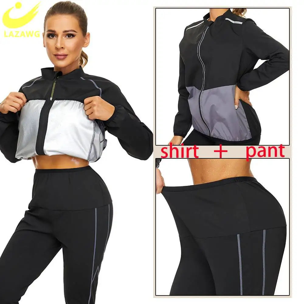 LAZAWG Women Waist Trainer Tracksuits Weight Loss Jacket Pant Sweat Suit Body Shapers Sauna Set Women Yoga Legging Trimmer Pant