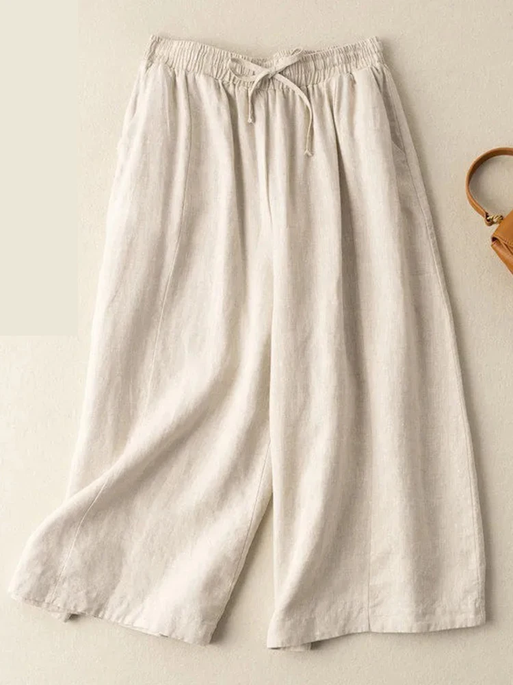 

Women Cotton Linen Wide Leg Pants New Arrival 2023 Summer Vintage Style Loose Comfortable Female Calf-length Casual Pants