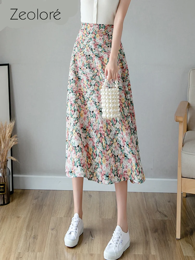 

Zeolore 2022 Spring Summer Mid-length Oil Painting Style Skirts Women's Small Floral A-line Casual Skirt QT1697