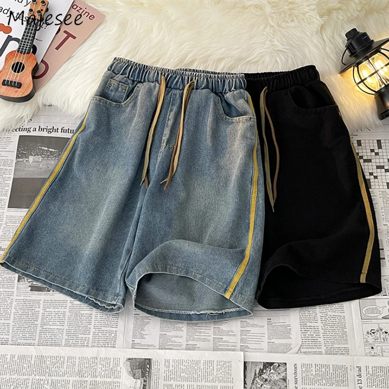 

Men Casual Shorts Vintage Washed Denim Trousers S-3XL Wide Leg Cool Y2k Clothes Unisex Teens Streetwear Drawstring Hip Hop Шорты