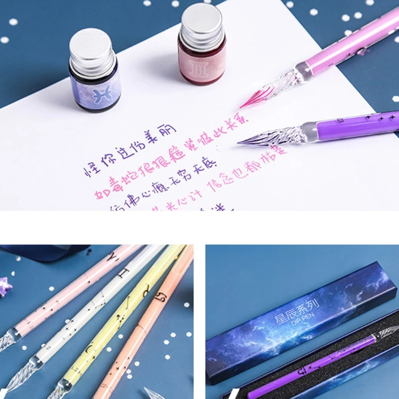 

Glass Dipped Pens Handmade Rainbow Crystal Dip Pen Signatures Gift Cards Writing Art Calligraphy 12 Constellations H8WD
