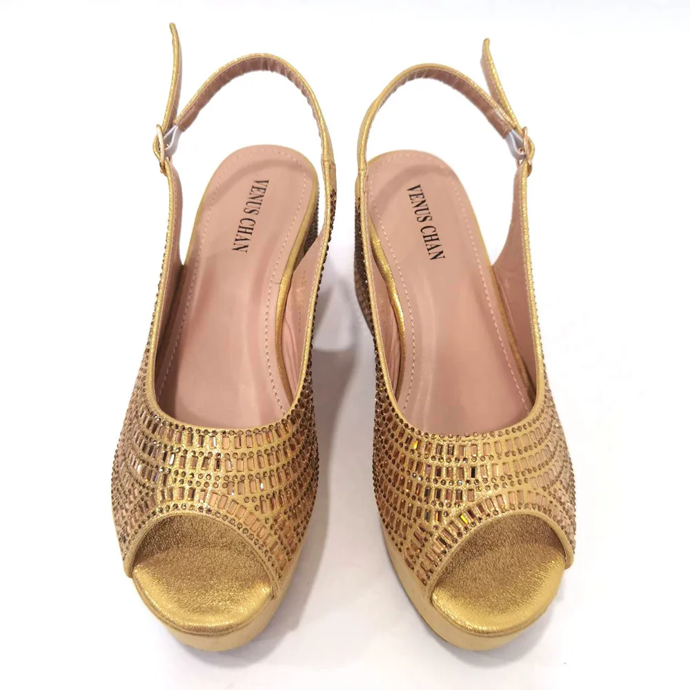 Venus Chan Latest Summer Women's Shoes High-Heeled Sandals Italian Design Rhinestone Golden Shoe and Bag set for Party in Ladies