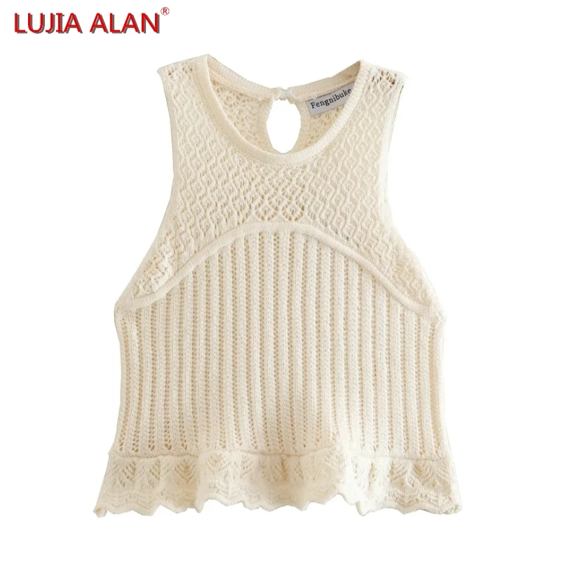

New Women Jacquard Mesh Knitted Vest Sweater Female Ruffled Hem Pullover Casual Slim Fit Tops LUJIA ALAN SW2277