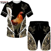 yuha3d printed animal cock tracksuit sets%e3%80%82cool king rooster hunting camo mens t shirtshorts suit summer casual o neck tops fa