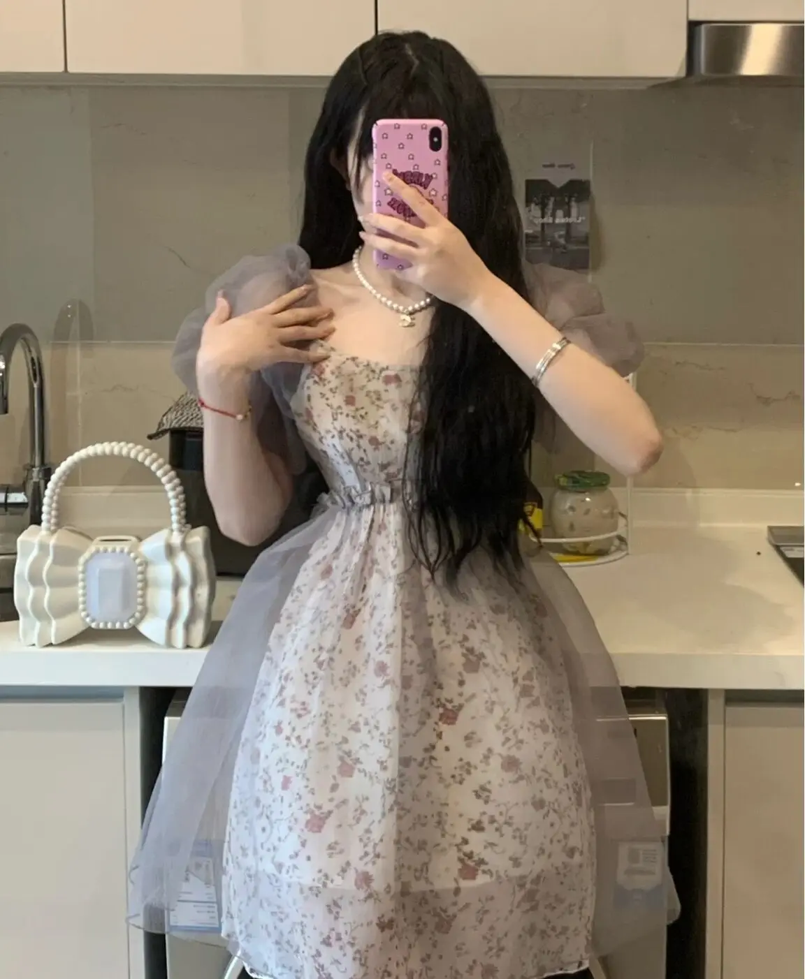 

Pure Desire Mesh Puff Sleeves Tea Break Floral Dress