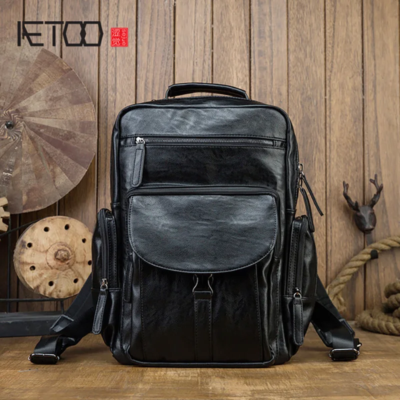 

AETOO First layer cowhide large capacity backpack, men's travel bag, leather men's backpack, school bag