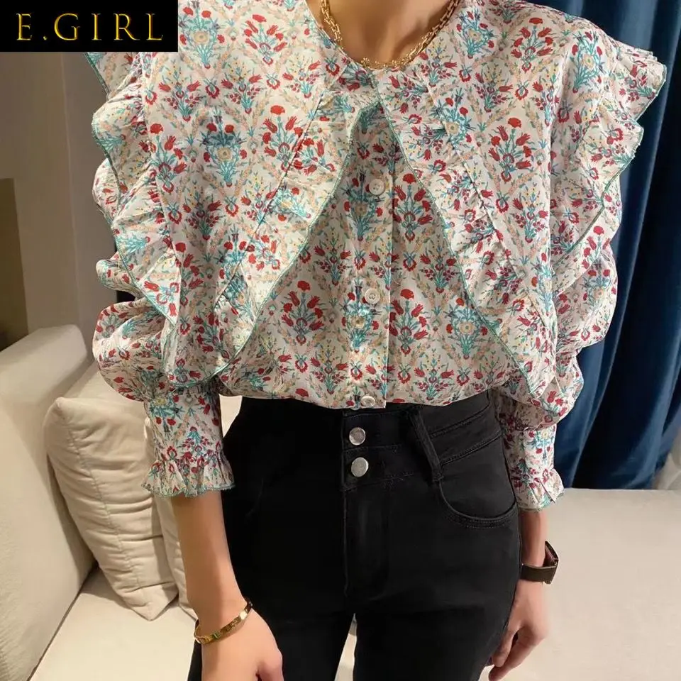 Blouses Women Chic Spring Chiffon Floral Pattern Casual Preppy Style Vintage Loose Lace Retro Sweet Girls Ins Tops