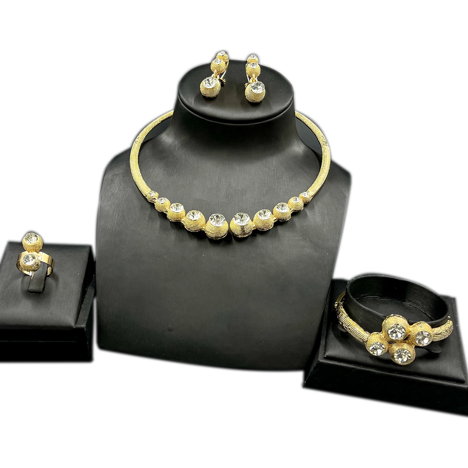 

Dubai Vintage Round Necklace Anniversary Party Gift Bracelet Crystal Earrings for Women Wedding Ring Fashion Jewelry Sets