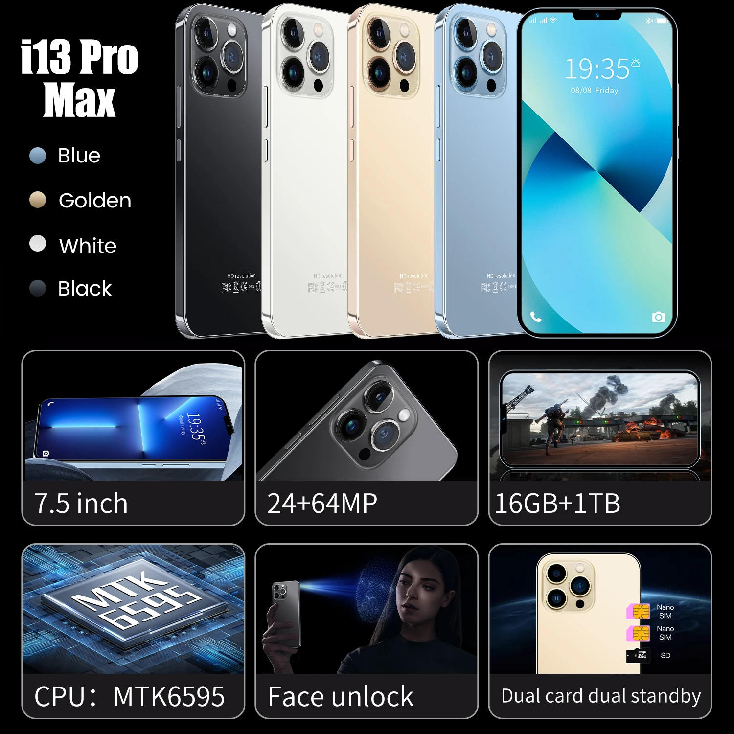 I13 Pro Max смартфон с 10 1-дюймовым дисплеем восьмиядерным процессором ОЗУ 16 ГБ ПЗУ ТБ