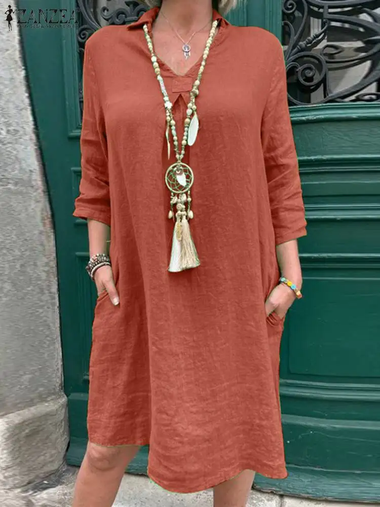 

Платье-рубашка ZANZEA женское с V-образным вырезом, модный однотонный хлопковый сарафан с рукавом 3/4, повседневная одежда свободного покроя, высокие платья