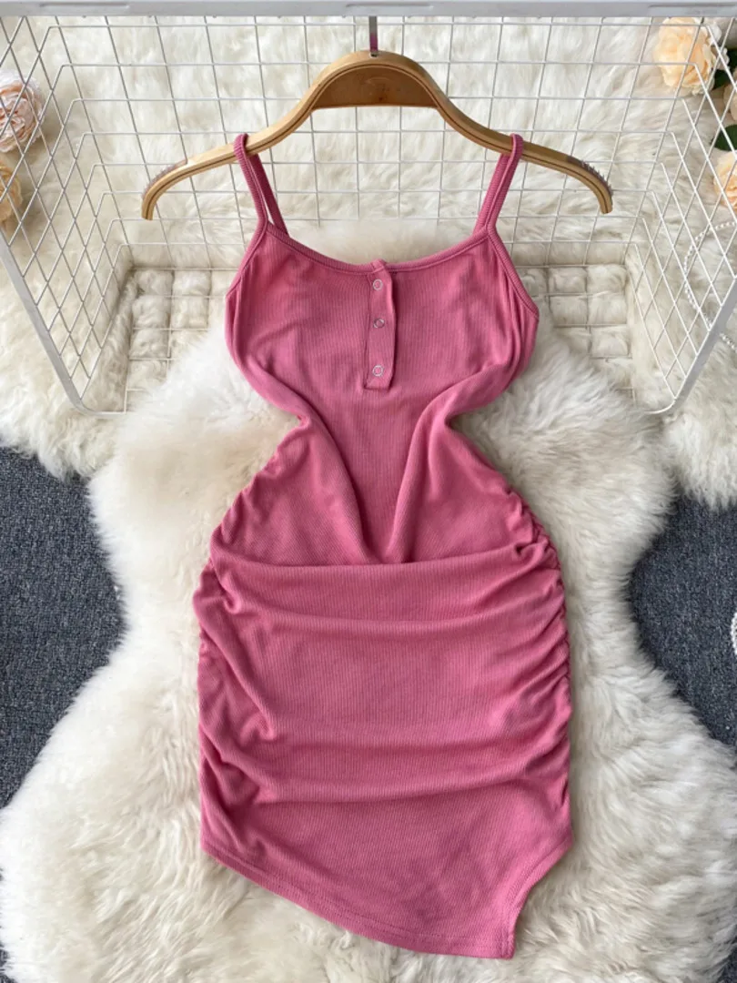 

Sexy Spaghetti Strap Sleeveless Bodycon Mini Dress Women Fashion Streetwear 2022 Summer New Buttons Slim Folded Club Party Dress