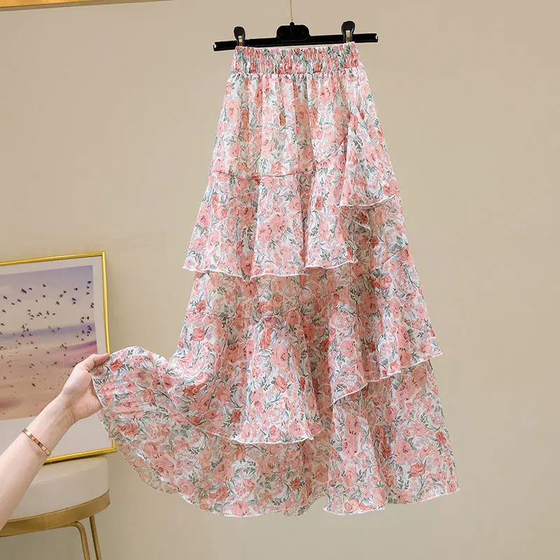

Hot Sale Floral Skirt Women New Summer 2022 Sweet Irregular Lotus Leaf All-match A-line Chiffon Long Skirt Woman Clothing H27