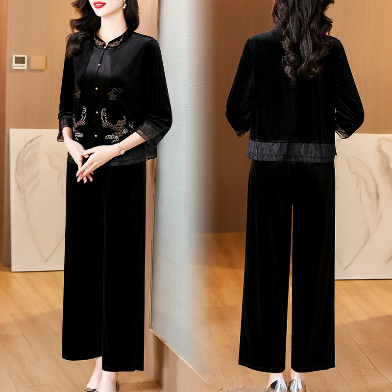 AIMEILI женский осенне-зимний элегантный бархатный брючный костюм с вышивкой
