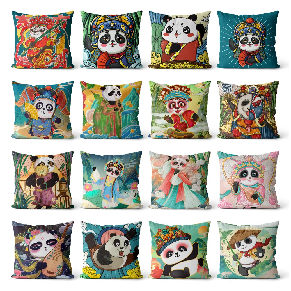 

45x45cm Chinese Style Print Cushion Cover Cartoon Panda Pillow Covers Super Soft Short Plush Pillowcase Sofa Home Decor Pillows