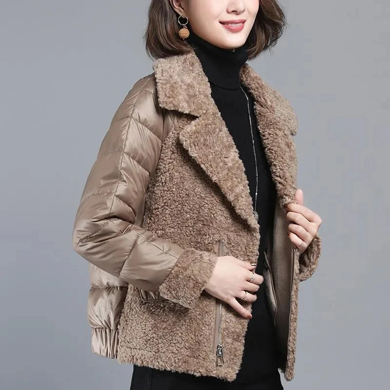 Lamb Wool Patchwork Cotton Short Jacket Female Thick Warm Slim Zipper Padded Parkas Women Elegant Winter Down Coat Warm Clothes