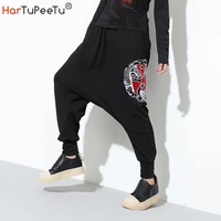 black harem pants women 2022 high waist embroidery peking opera drop crotch hip hop loose casual trouser autumn winter