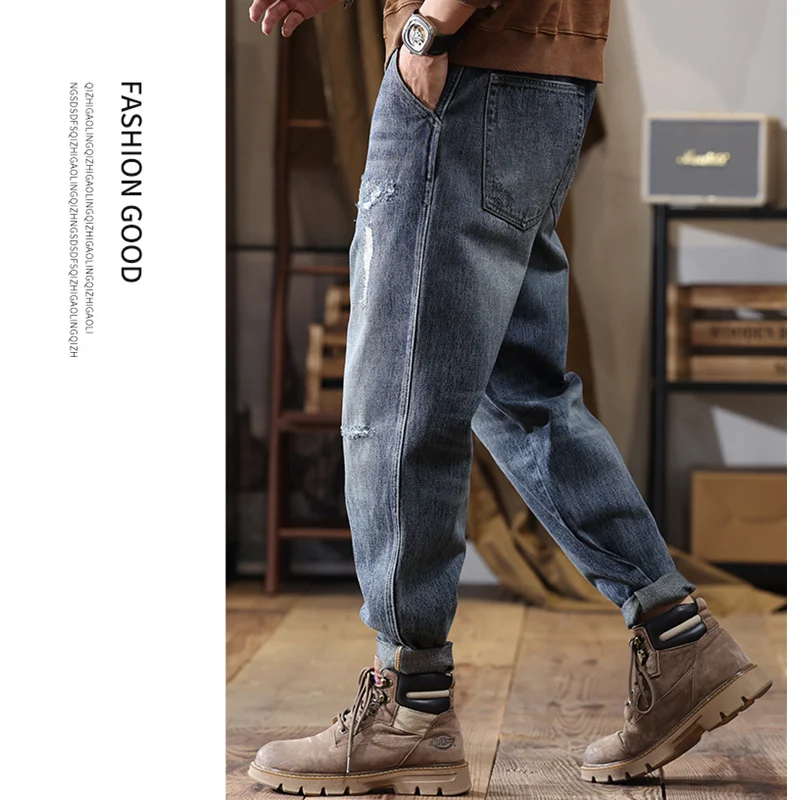 Men Clothing New Pattern Recreational Vintage Broken Patch Blue Jeans Straight Cylinder Loose Trousers Autumn and Winter Female
