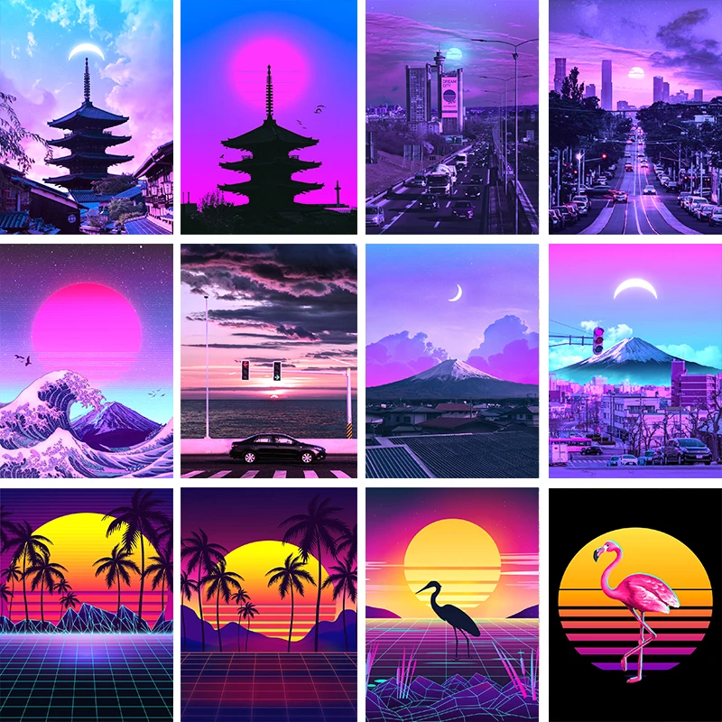 

80s Outrun Vaporwave Style Poster City Night Colorful Painting Wall Art Decoration Room Decor Canvas Paintings Decoración Hogar