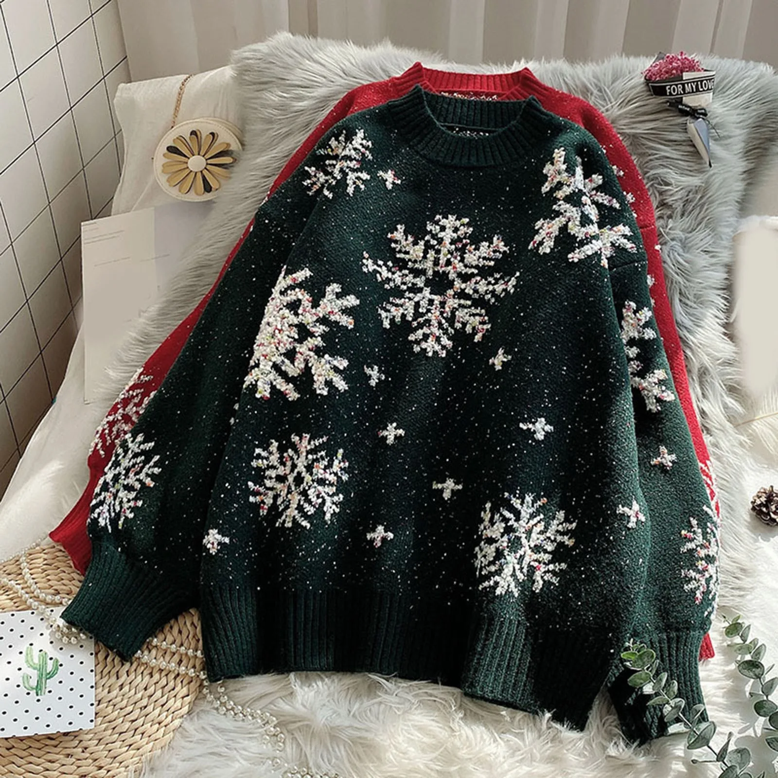 

Лидер продаж, новинка, Свободный Красный пуловер с забавным принтом снежинок и круглым вырезом и длинным рукавом, Рождественский пуловер на заказ, вязаный свитер для укороченной толстовки