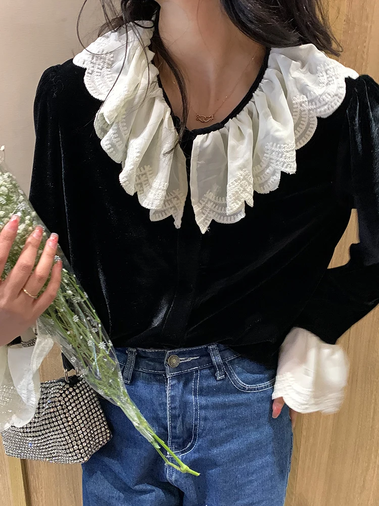 

Spring Autumn korean style Long sleeve blouse womens Vintage French velvet Lace Patchwork tops 2022 Girls Outwear Coats(F4667)