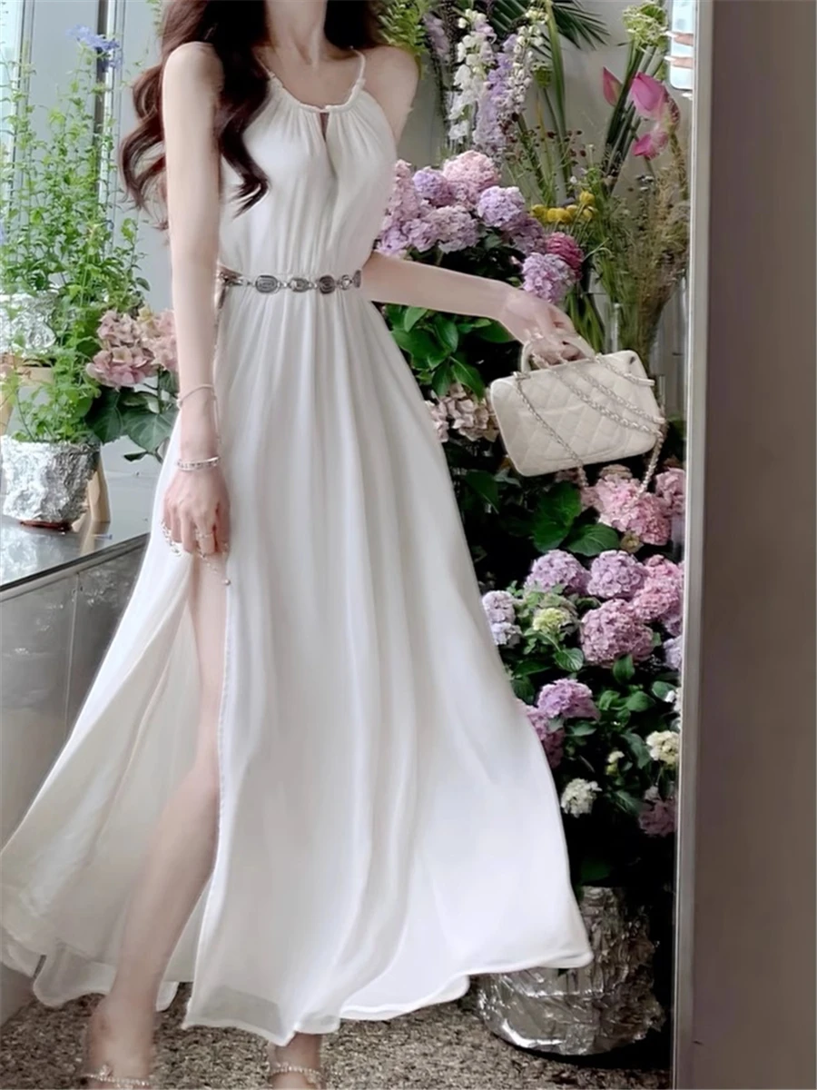 

Длинное женское летнее платье, новинка 2023, модные элегантные вечерние женские платья стандартной длины, корейские белые праздничные пляжные платья, приталенная одежда