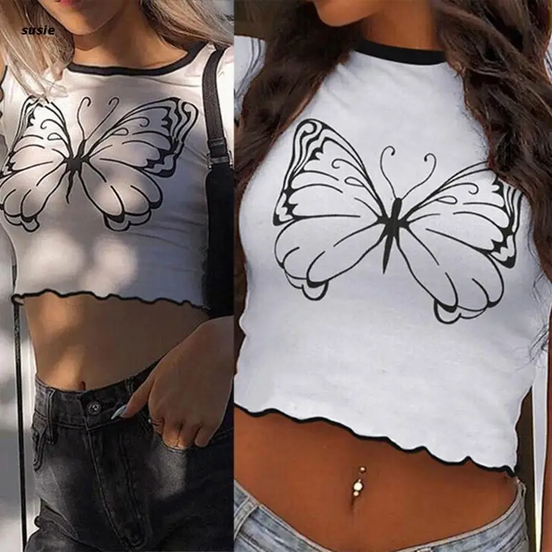 

X7YA Women Short Sleeve O-Neck Crop Top Harajuku Butterfly Print Wavy Lettuce Trim T-Shirt Aesthetics Contrast Color Slim Tee