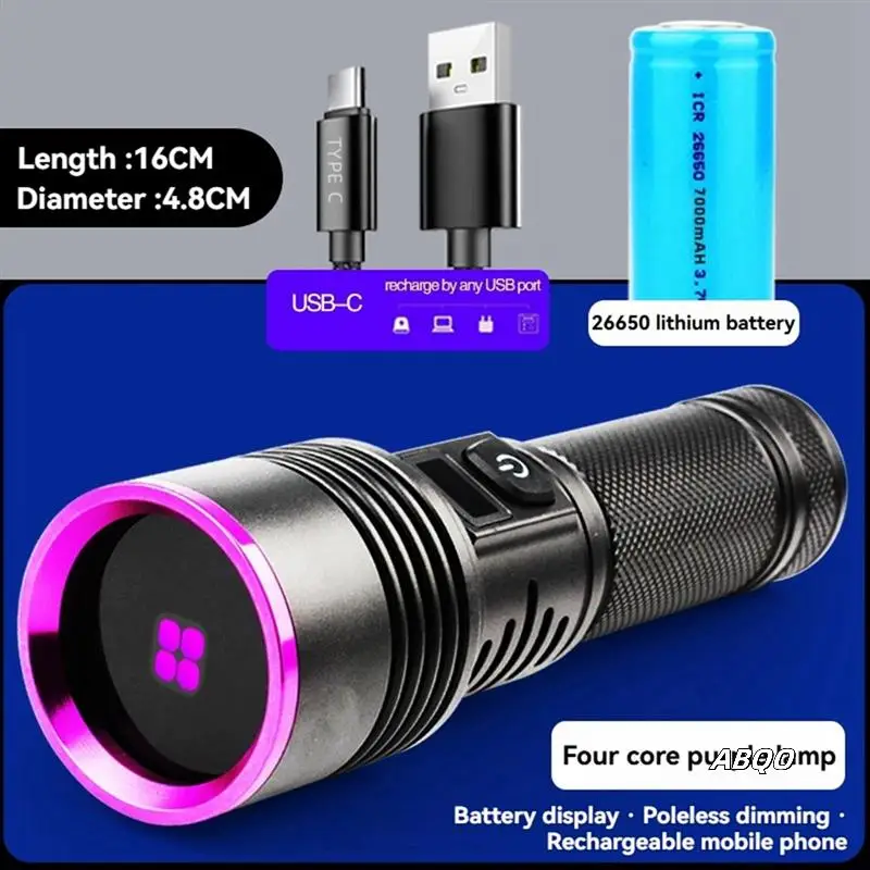 Фото 365NM УФ-фонарик Мощная ультрафиолетовая лампа для обнаружения Тип-C USB Перезаряжаемая светодиодная ультрафиолетовая лампа №4