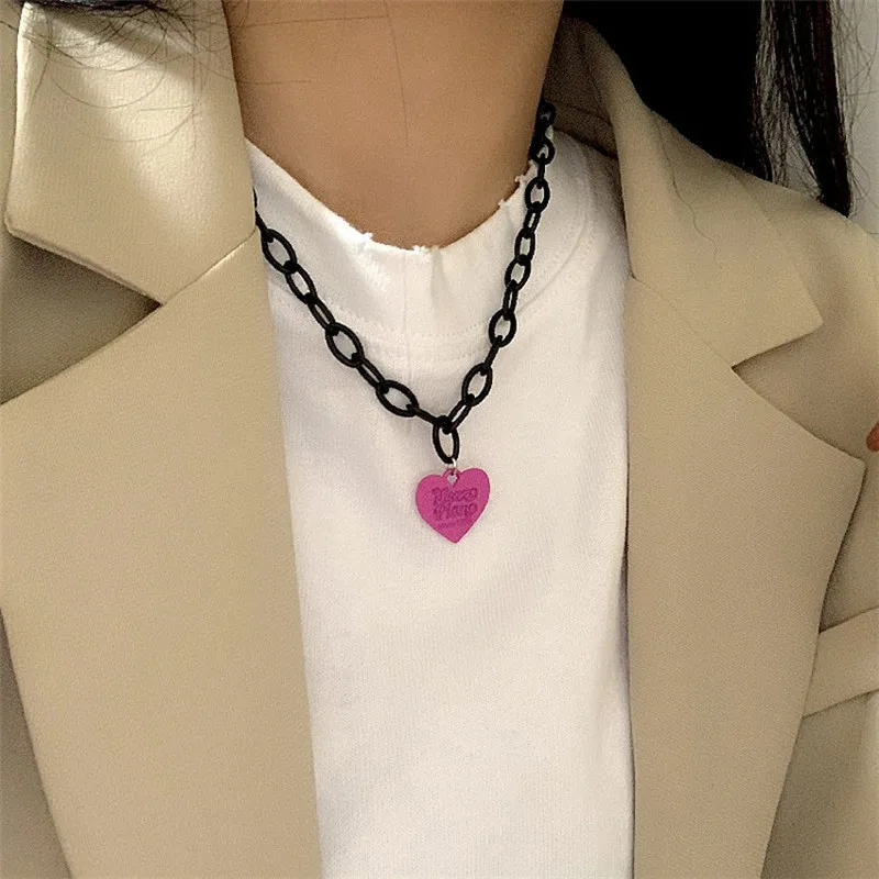 

Minar Cute Romantic Letter Love Heart Pendant Necklace Black Chunky Chain Chokers Necklaces for Women Punk Hip Hop Jewelry 2023