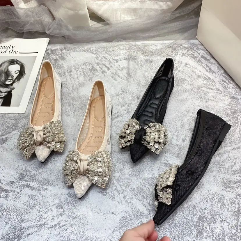 Pointed Toe Breathable Rhinestone Bow Pumps Women's Spring and Summer 2023 New Soft-Soled Mesh Surface Low-Cut Flat Shoes