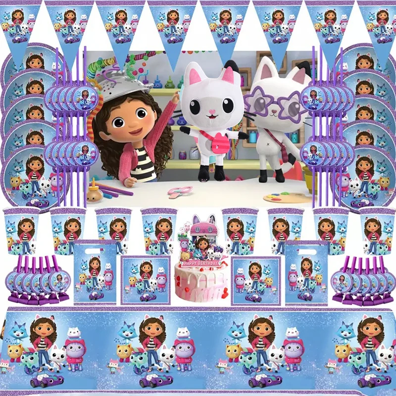 

Cute Gabby Dollhouse Cats Birthday Decor Tableware for Kids Balloon Kitten Plush Doll House Figures Gabby Cat Party Supplies