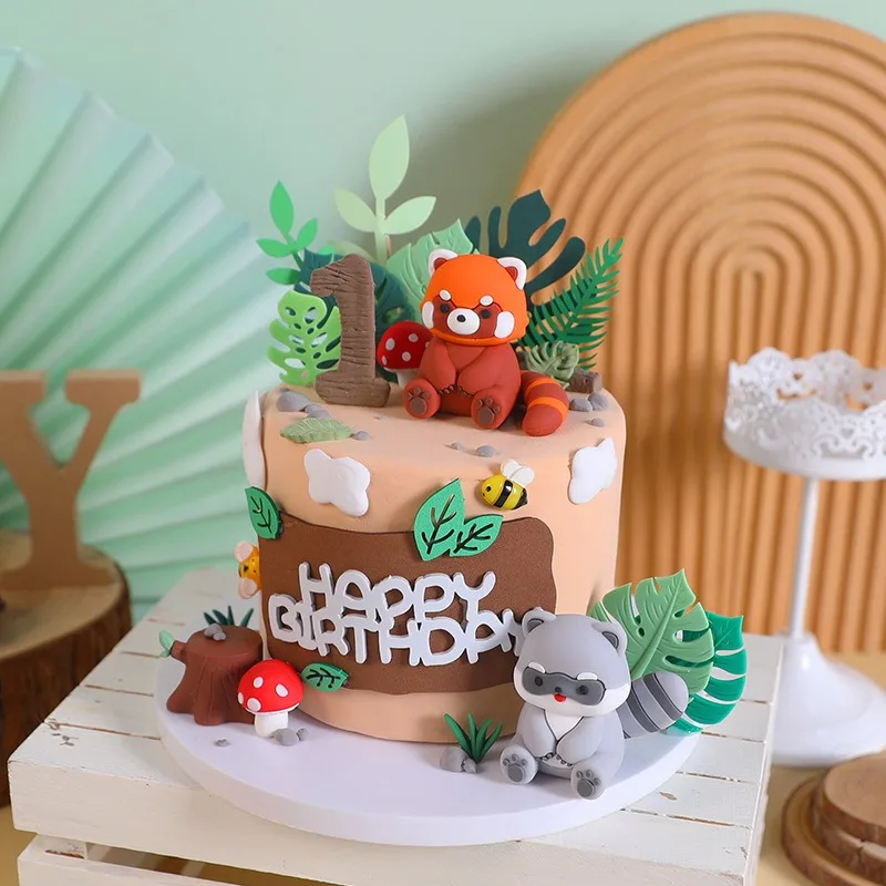 Фото Мультфильм Aniamal Cake Dec Little Raccoon Red Panda Кекс Украшение Джунгли Сафари Happy Kid День Рождения Девушка Мальчик Babyshower №2