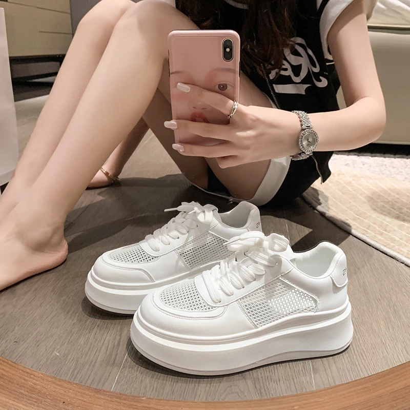 

2023 Platform Sneakers Tennis Female Vulcanized Shoes Summer Mesh Breathable Sports Shoes Outdoor Walking Casual White Flat Shoe