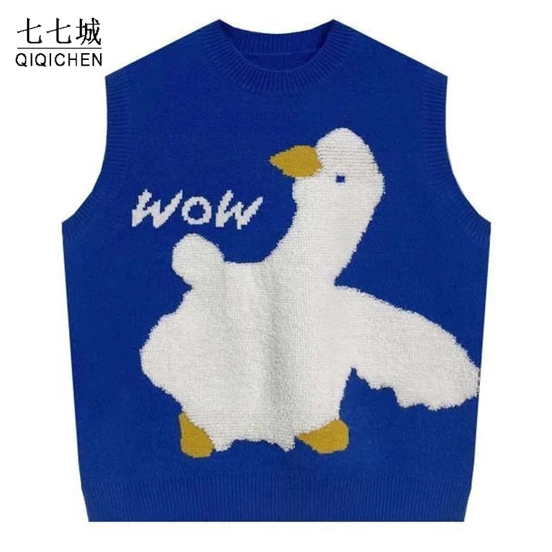 Жилет вязаный для мужчин и женщин Безрукавка вязаная с мультяшным рисунком утки