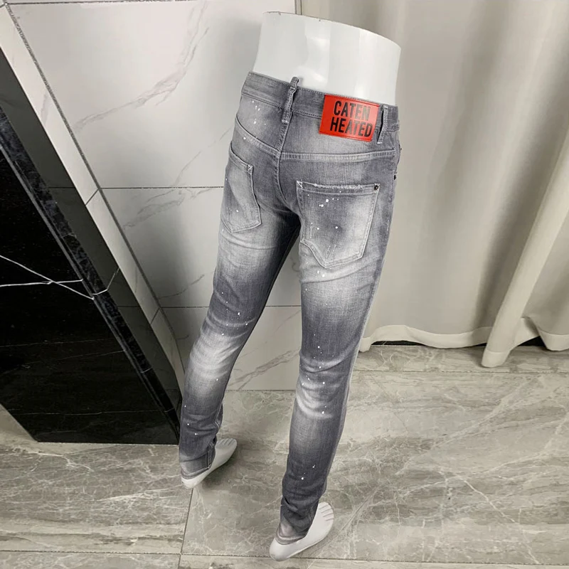 High Street Fashion Мужские джинсы Ретро стираные серые эластичные облегающие рваные