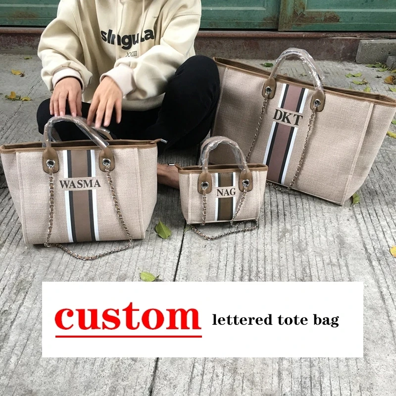 Customize Monogram Tote Bag Canvas Personalized Grey Chain Handbag White Stripe Initials Beach Holiday handbag shopper tote