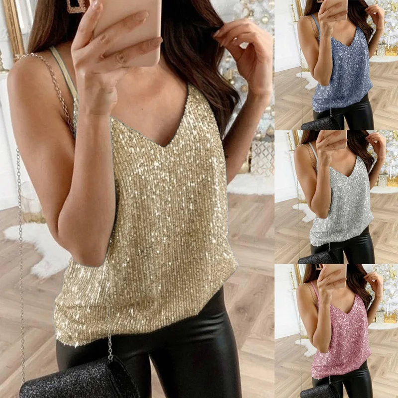 

2021 Womens Sequin Glitter Tank Strappy Tank Tops Ladies Shiny Sexy Camis V-neck Swing Sparkle Vest Night Clubwear Party Tanks
