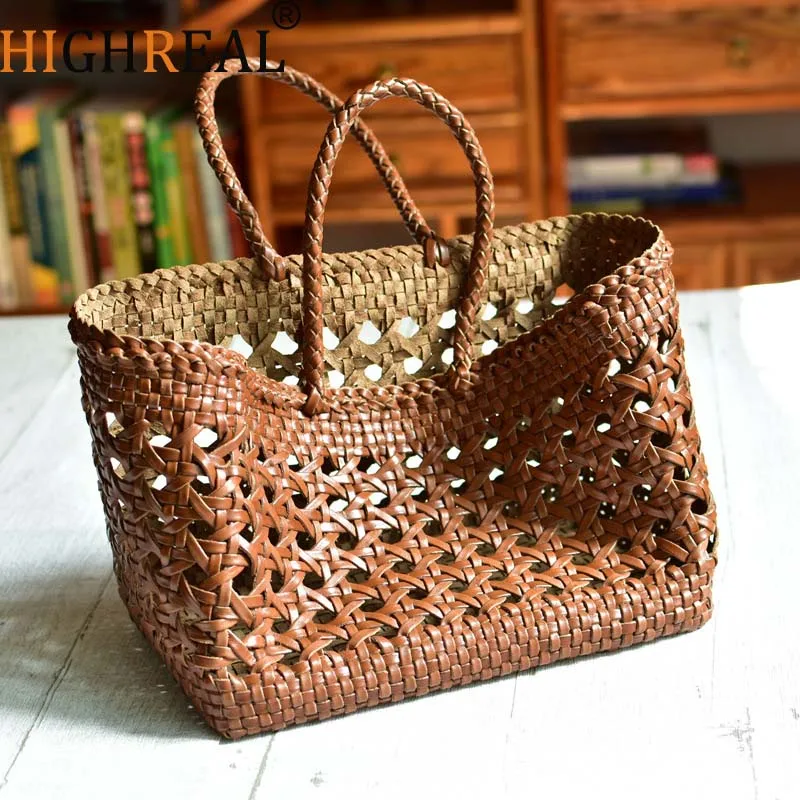 HIGHREAL Cowhide Hollowed-out Vegetable Basket Bag Handmade Bamboo Woven Bag New Style Braided Women's Bag