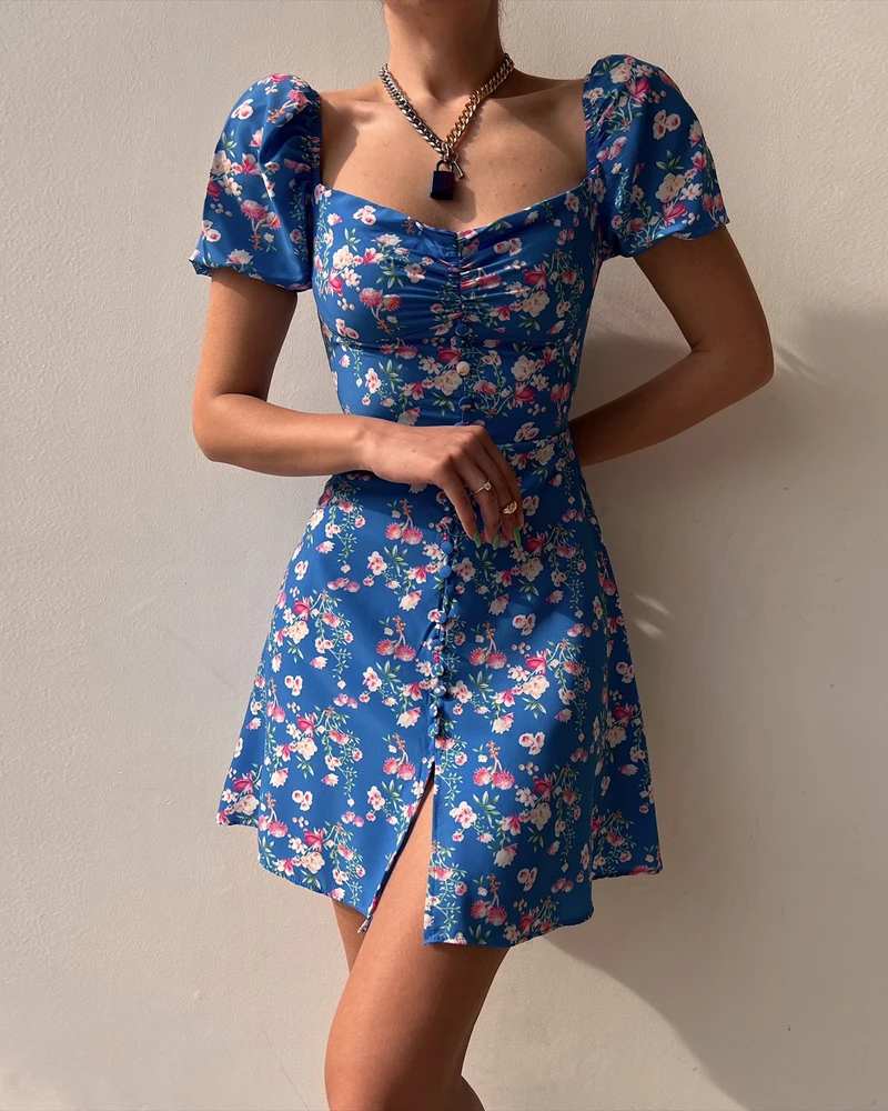

Summer Sexy Chest Wrapping Floral Printed Backless Dress Women Vintage Puff Sleeve Single-breasted A-line Dresses
