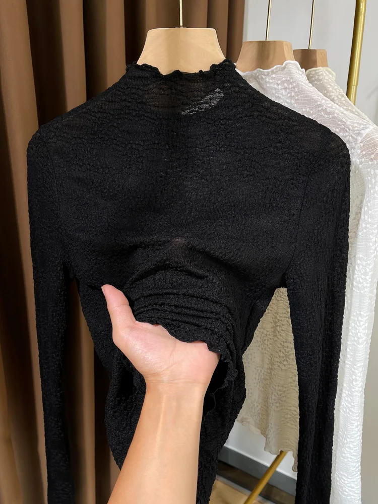 Осенне-зимняя женская рубашка с кружевным низом и полувысоким воротником новый