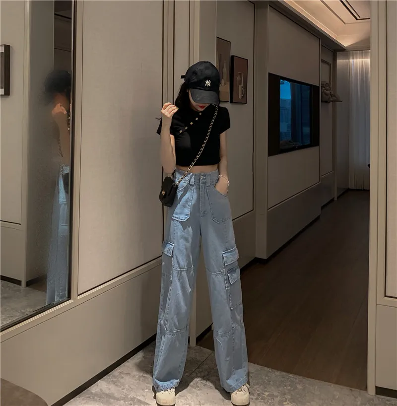 Woman Casual High Waisted Blue All-match Jeans Straight Slim Vintage Wide Leg Denim Pants with Pocket Office Lady Cargo Pants