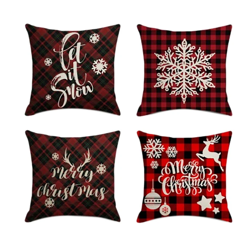 

4Pcschristmas Red Plaid Pillowcase Santa Square Home Decor Linen Pillow Cases Cushion Covers For Sofa Car Gift 45X45cm