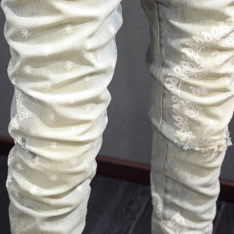 High Street Fashion Men Jeans Retro Yellow Blue Elastic Hole Skinny Ripped Jeans Men Printed Designer Hip Hop Brand Pants Hombre