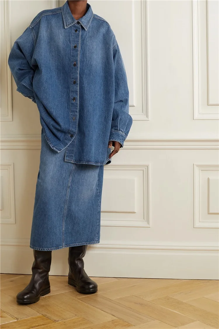 Th* Ro* Spring/Fall Women Denim Coat Solid Color Pure Cotton Full Sleeves Single Row Button Loose Casual Outer Trench