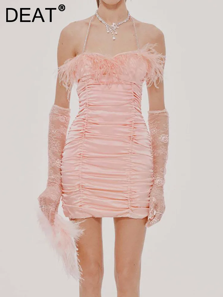 

DEAT Fashion Women's Evening Dress Slim Spliced Feather Sleeveless Pleated Soild Color Suspender Dresses Spring 2023 New 17A5940
