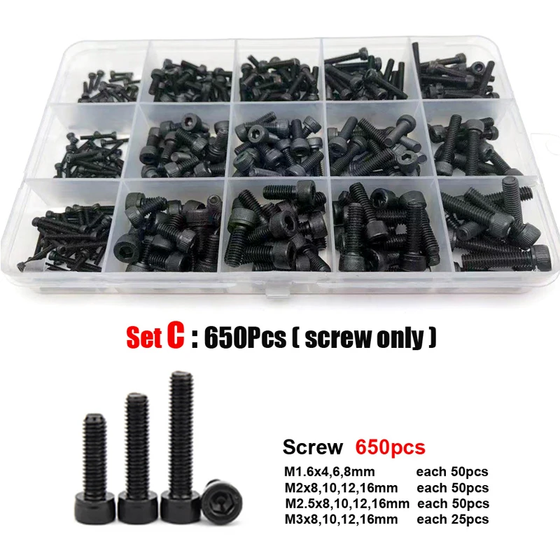 

650PCS M1.6 M2 M3 M4 M5 Black12.9 Grade Steel Allen Hexagon Hex Socket Cap Head Screw Bolt Nut Washer Set Assortment Kit Box