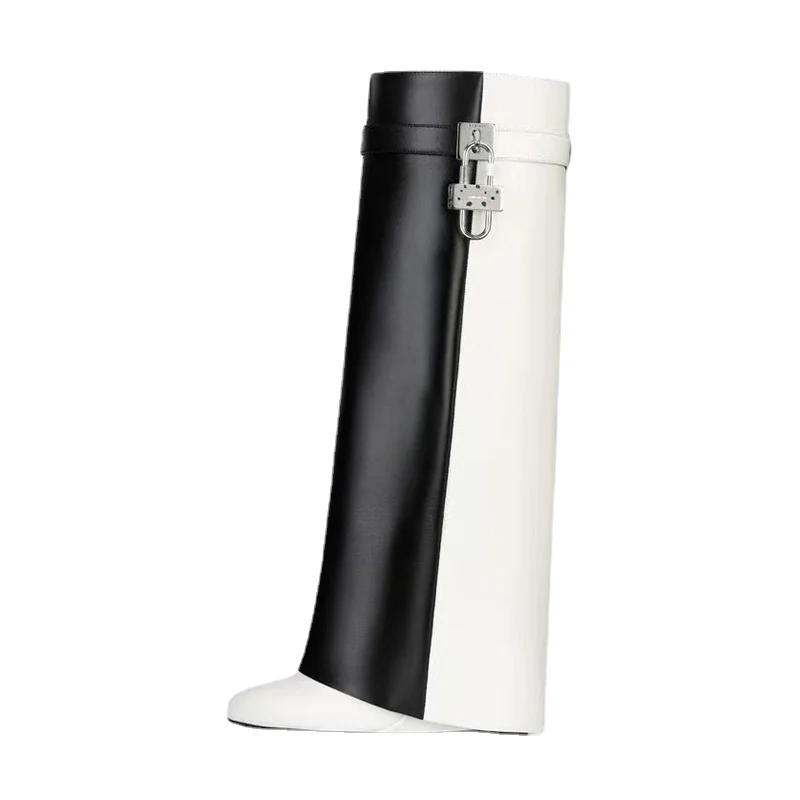 

Brand Design Black White Double Color Trouser Leg Boots Women Knee Length 11cm High Heel Knee Length Boots Cowhide/pu Woman Shoe