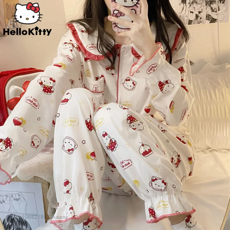 Sanrio Hello Kitty Home Clothes Suit Women Spring 2 Piece Set Pajamas Cardigan Long Sleeve Tops Y2k Loose Pants Kawaii Sleepwear