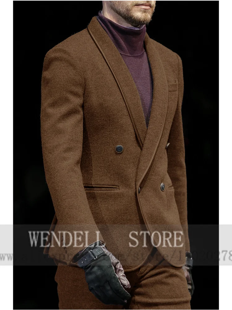 

Two-piece Woolen Autumn New Men's Suit Lapel Double-breasted Slim Fit Retro Jacket +Pants ropa hombre
