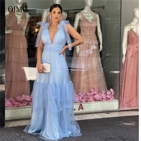 oimg light blue tulle long prom dresses v neck bow shoulder tiered skirt arabic women evening gowns elegant party formal dress